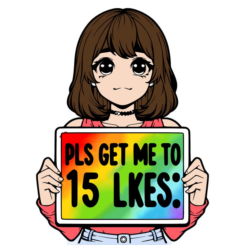 realistic girl holding up a sign that says “pls get me to 15 likes!”