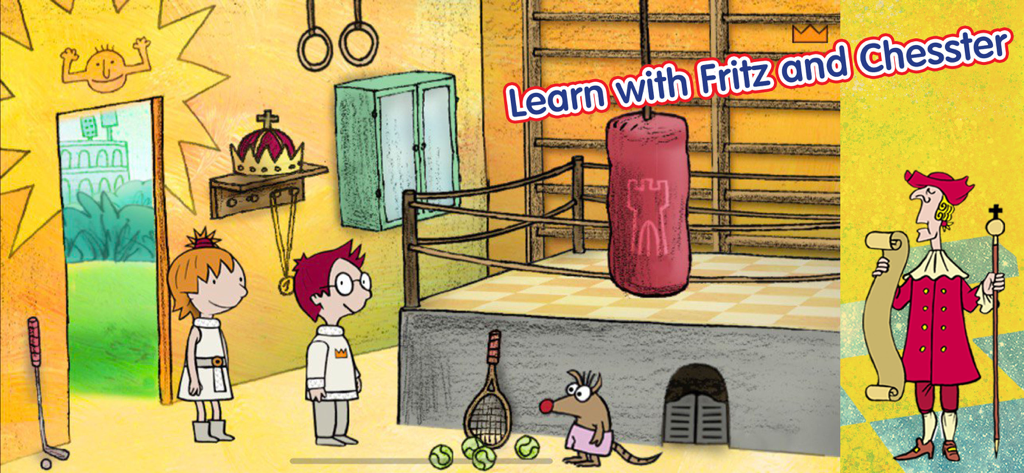 Prince Fritz and Bianca in a training gym with chess themed equipment and a punching bag