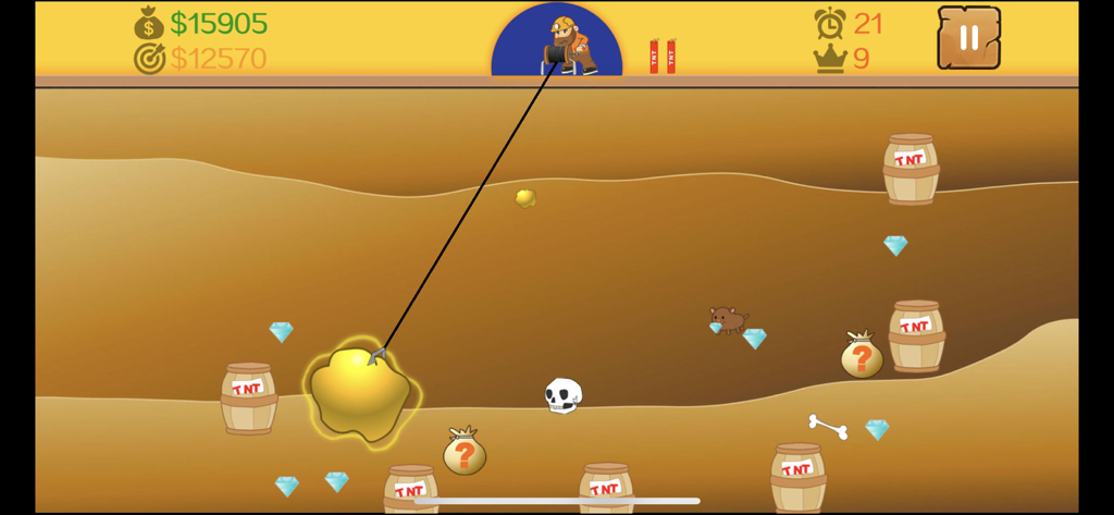 Gold Miner Classic Game - 地下のレベルで大きな金塊を掴もうとツメを使っているゴールドマイナー