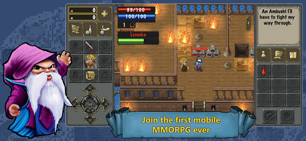 TibiaME - MMORPG - TibiaME retro 2D MMORPG gameplay scene featuring a character on a burning ship with classic pixel art interface