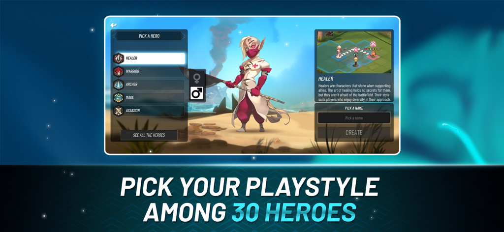 Waven character creation screen showing healer class and customization options