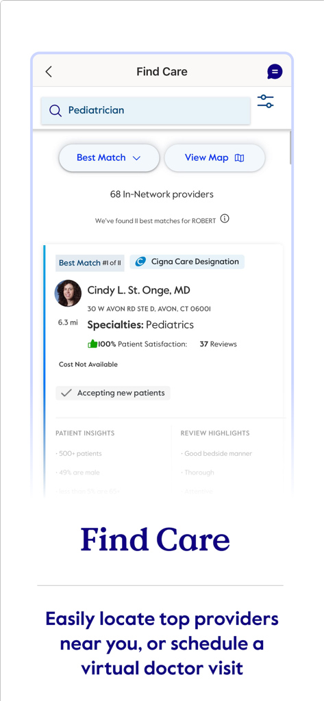 A screenshot of the myCigna mobile app showing the Find Care feature with search results for a pediatrician.