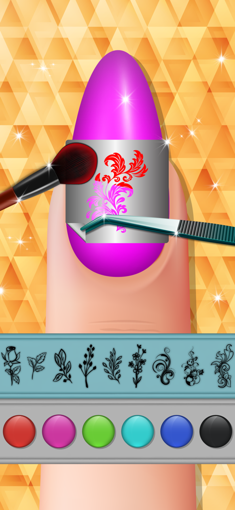 Acrylic Nail Salon Girls Games - Applying a floral stencil design to a purple acrylic nail in a manicure salon game.