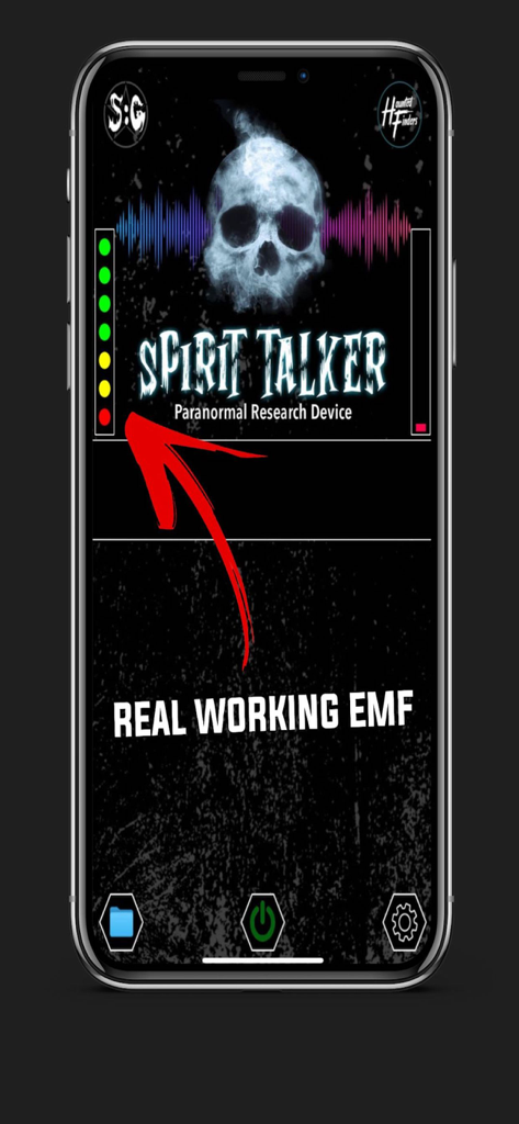 Spirit Talker ® - Interface of the Spirit Talker app showing a skull graphic and a functional EMF meter for paranormal research.