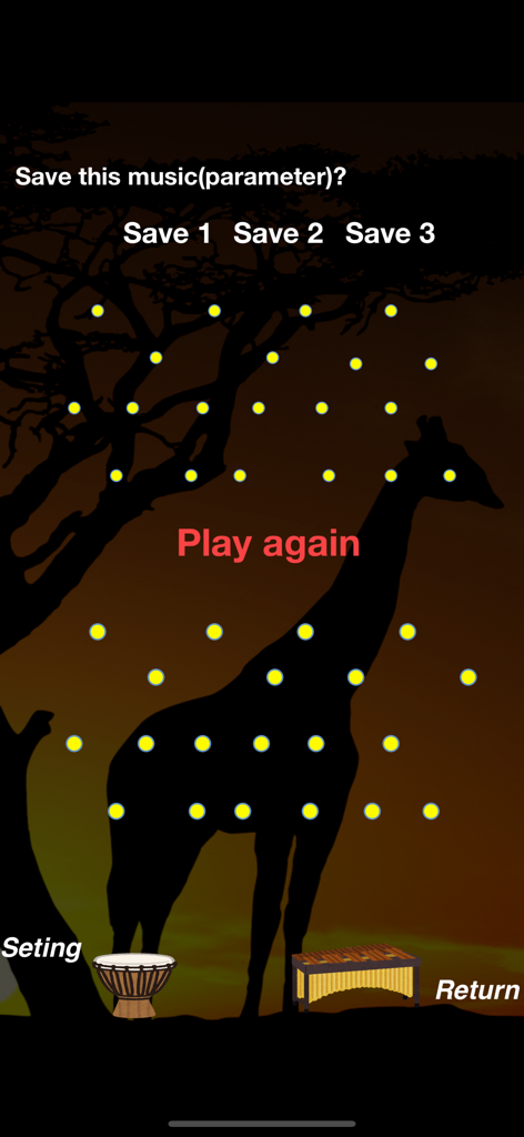 Interface of Auto Compose Music Box app showing African theme with giraffe silhouette and music parameter save options