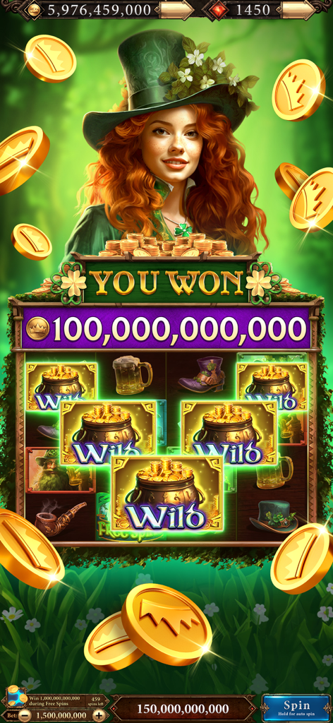 Scatter Slots Spielbildschirm mit einem massiven Gewinn im irischen Glücks-Thema, der eine Frau mit einem grünen Hut und Goldtöpfe zeigt