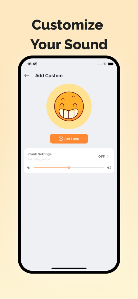 Interface of SoundJoy app showing the customize your sound screen with a grinning emoji and add songs button