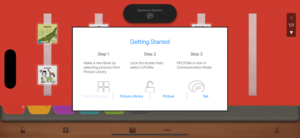 PECSTalk™ Lite - Getting Started instructions overlay in the PECSTalk Lite AAC app showing three steps for setup