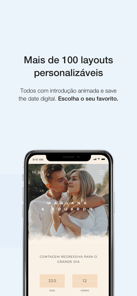 iCasei | Lista de Casamento - Tela de smartphone exibindo um site de casamento personalizado com foto do casal e uma contagem regressiva para o dia do casamento