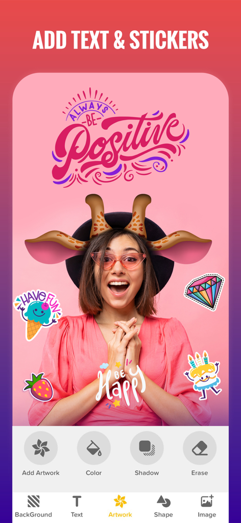 Interface of Quote Maker app showing tools for adding text and artistic stickers to photos