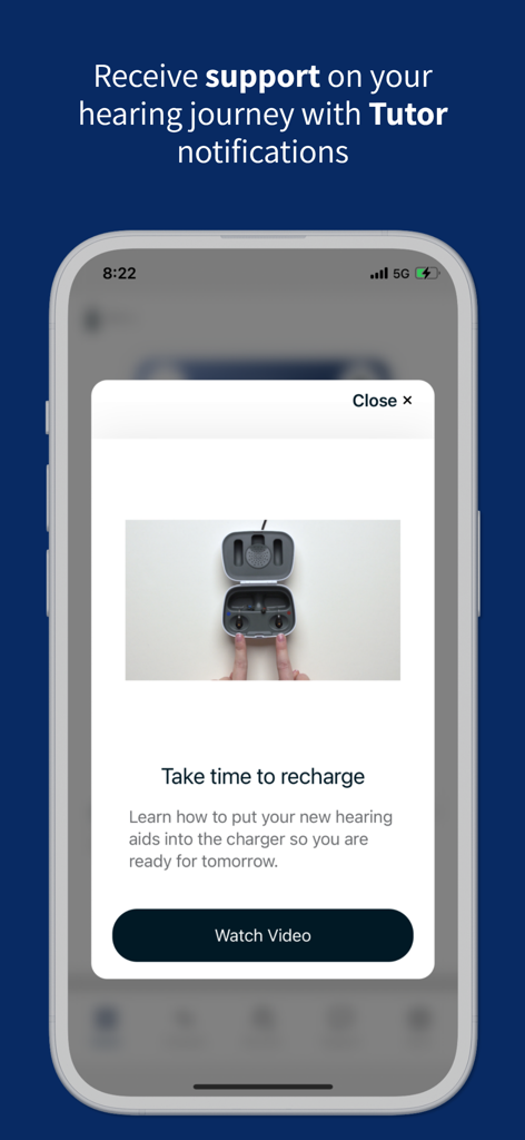 Hearing Remote app Tutor notification explaining how to charge hearing aids
