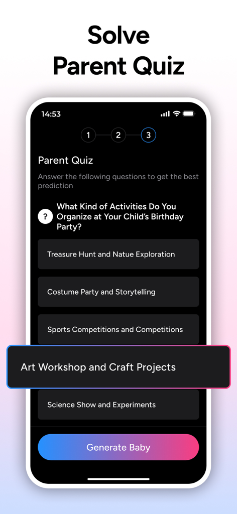 Un écran d'application mobile montrant une question du Quiz Parental sur les activités de fête d'anniversaire pour aider à prédire les traits d'un futur bébé.