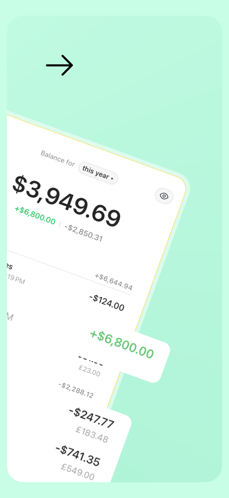 Spending Tracker: Sumi - Sumi mobile app interface showing a yearly balance summary and recent transactions with automatic currency conversion.