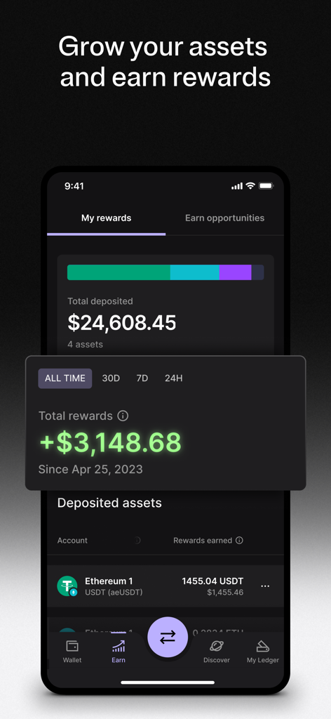 Ledger Wallet™ crypto app - 암호화폐 보상 및 총 예치 자산을 보여주는 Ledger Wallet 앱 대시보드