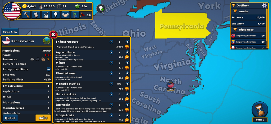 Countryballs Conquest - A gameplay screenshot of Countryballs Conquest showing the state management menu and building options on a map of the United States.