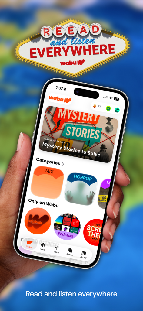 Mobile phone showing the Wabu app home screen with different short story genres like mystery and horror