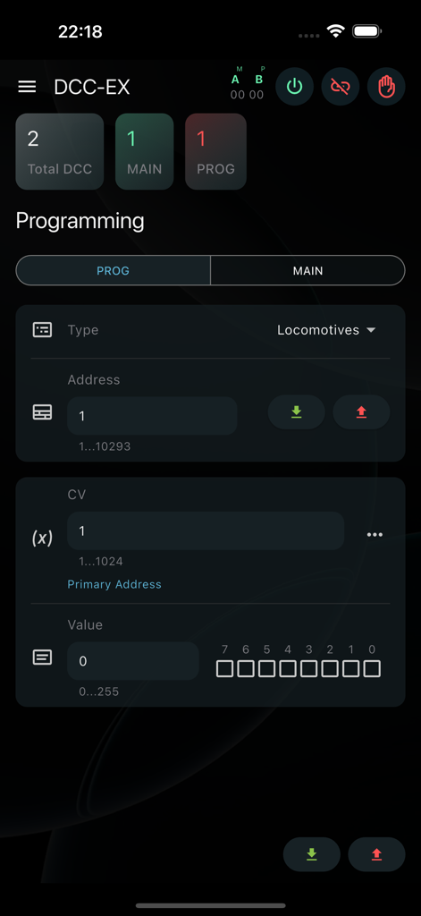 DCC-EX Cab mobile app programming screen for configuring model train locomotive addresses and CV values