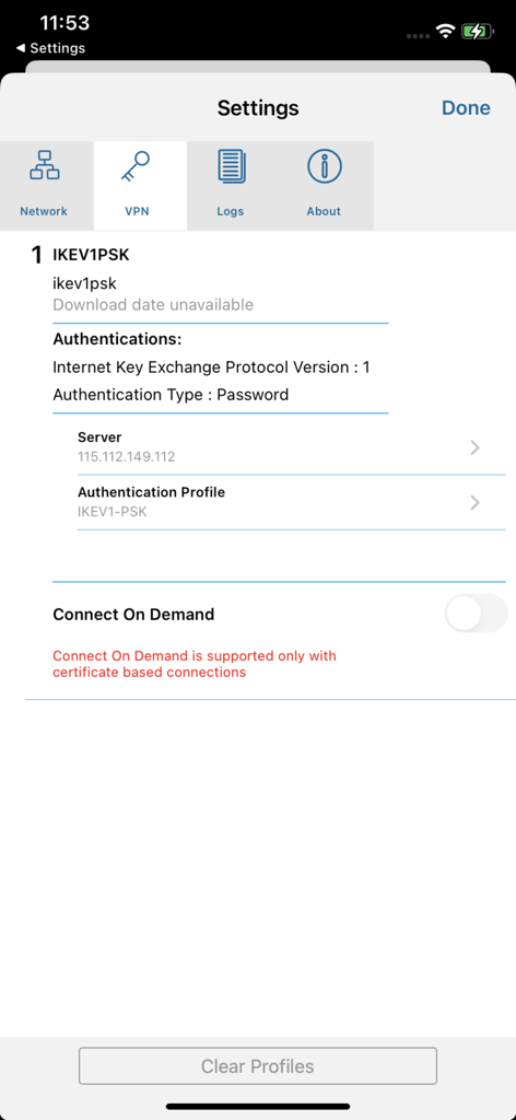 HPE Virtual Intranet Access - HPE Virtual Intranet Access app VPN settings screen showing profile details and connection options