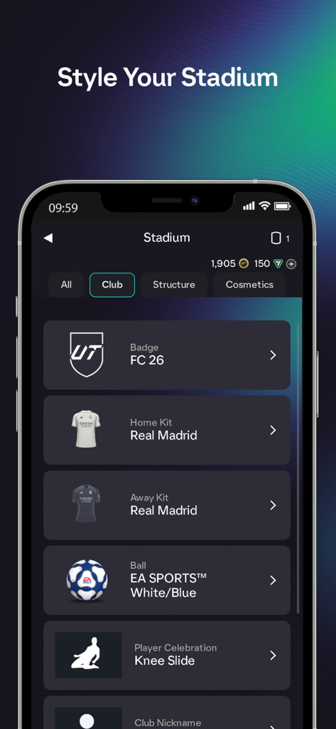 EA SPORTS FC 26 Companion app stadium customization screen showing club kits and badges
