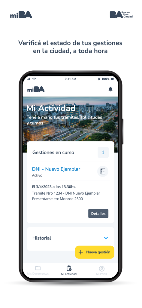 miBA - Interface of the miBA app showing the activity tracking section for government procedures in Buenos Aires.
