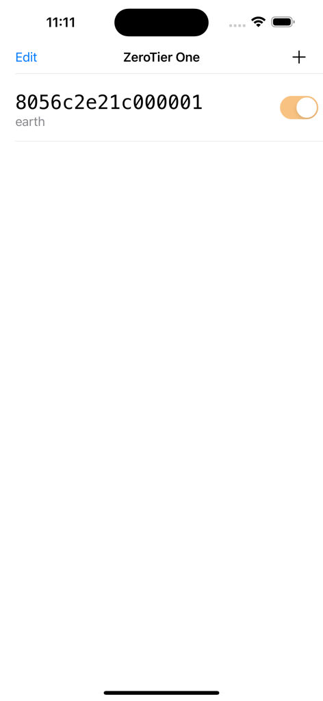 Interfaz de la aplicación ZeroTier One que muestra un ID de red virtual y un interruptor de conexión