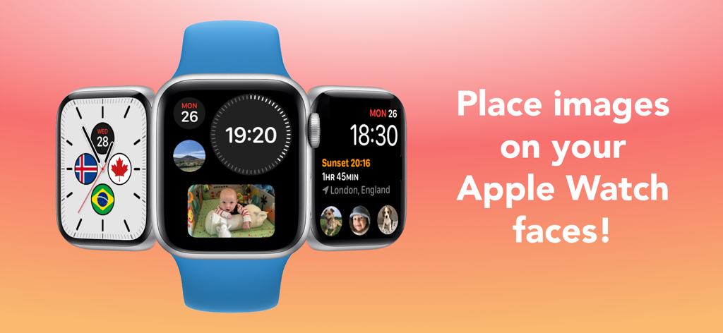Photo Complications - Three Apple Watches showing various custom photo complications including a baby and pets on colorful watch faces.