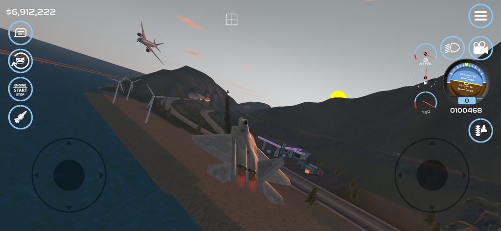 Un avion de chasse survolant un paysage montagneux au coucher du soleil dans le jeu mobile Car Sim Open World.