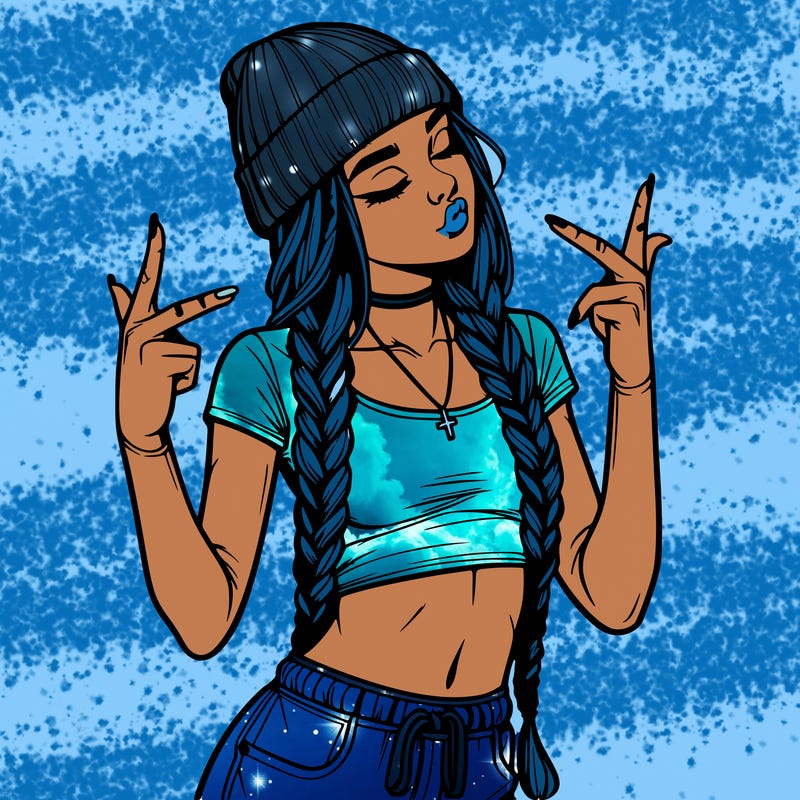 realistic teenage girl with braids and a beanie and crop top doing 🫶🏼