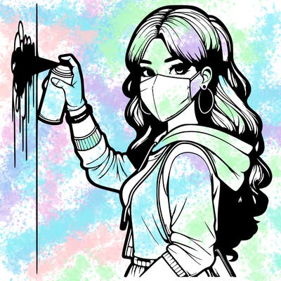 realistic girl with mask spray painting a wall