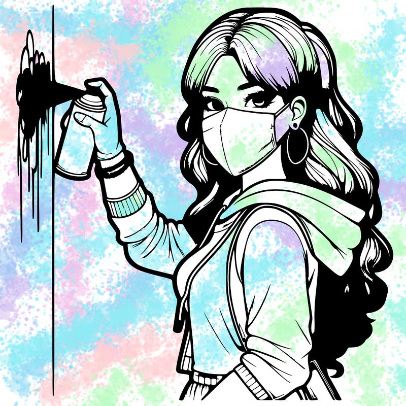 realistic girl with mask spray painting a wall