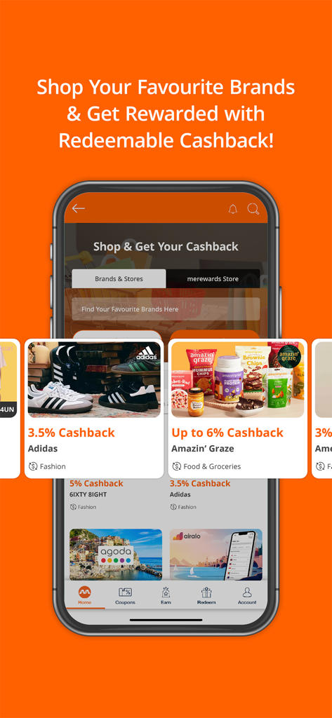 merewards app interface showing cashback offers for brands like Adidas and Amazin Graze