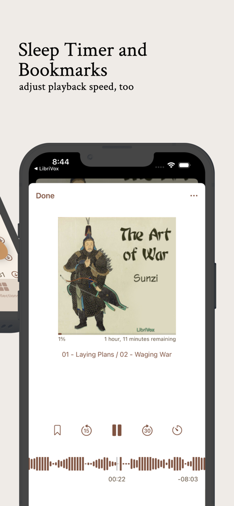 LibriVox app playback screen for The Art of War featuring sleep timer and bookmark options