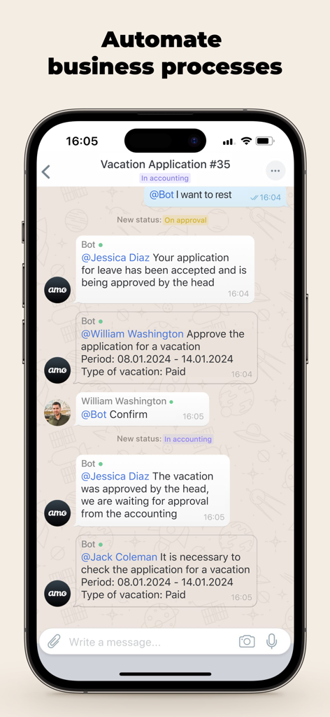 amo | team messenger - amo team messenger App, die einen automatisierten Urlaubsantrags-Workflow mit einem Chatbot zeigt
