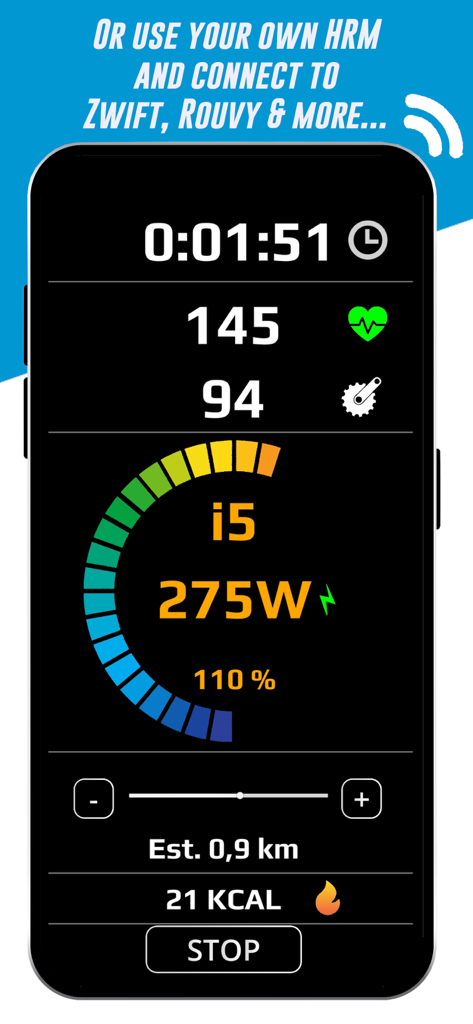 HR2VP Bike Training & Tracker - Smartphone screen showing HR2VP app with real-time cycling data including 145 heart rate and 275 watts virtual power