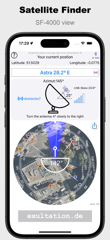 Pantalla de la aplicación Buscador de Satélites Pro que muestra instrucciones de alineación del satélite Astra y la brújula.