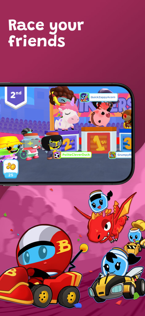 Boddle - Un grupo de personajes con cabeza de botella compitiendo en un juego de carreras y parados en un podio de ganadores dentro de la aplicación Boddle.