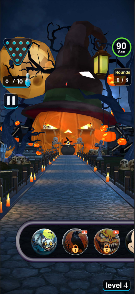 Pin Bowling Ball: Bowling Game - Um nível de boliche assustador com tema de Halloween com uma abóbora gigante, bruxa e esqueletos.