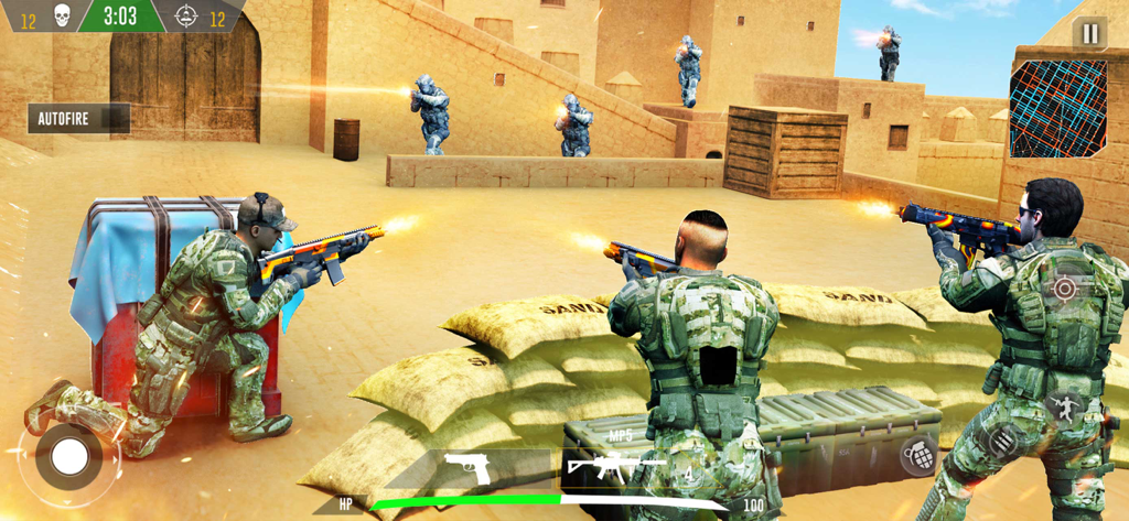 FPS Battle Royale: Gun Games - Soldiers in camouflage gear engaging in a desert city gunfight in a mobile FPS battle royale game.