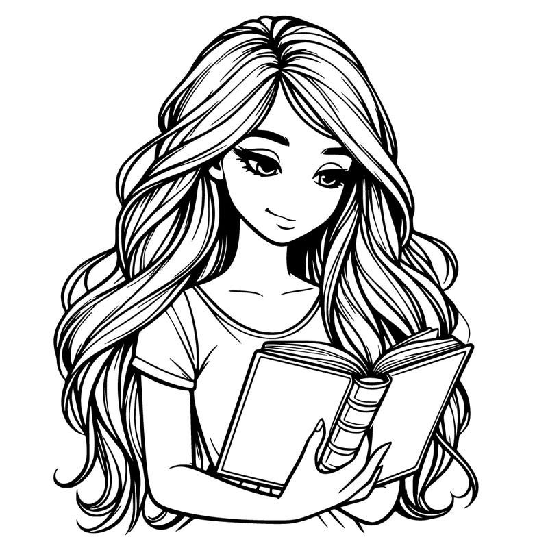 realistic girl with long hair, reading a book