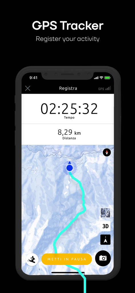 Schermata dello smartphone che mostra la funzione di tracciamento GPS dell'app Cervino Ski con statistiche di tempo e distanza su una mappa topografica