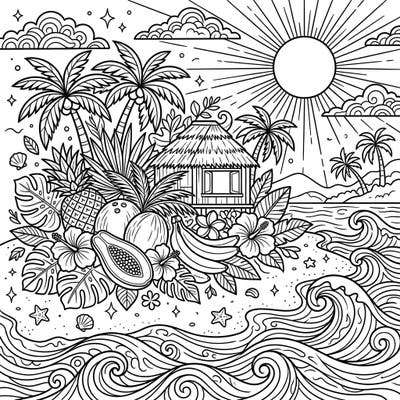 Dive into a vibrant tropical scene designed for teens, featuring a sun-drenched island, swaying palm trees, and an array of exotic fruits. This summer-themed coloring page offers a fantastic way to relax and unleash your creativity.