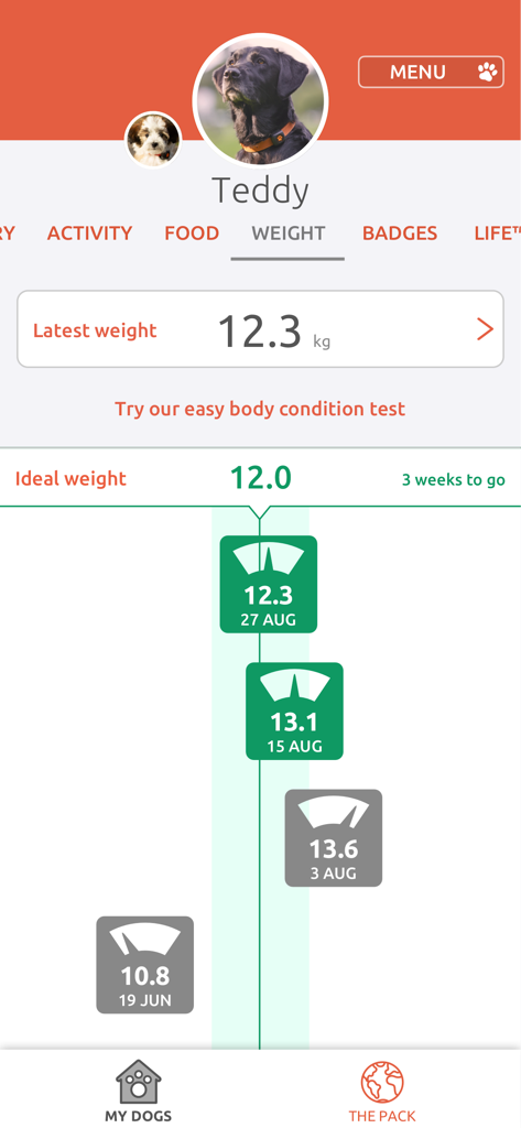 PitPat mobile app interface showing a weight management tracker for a dog named Teddy with a weight history chart