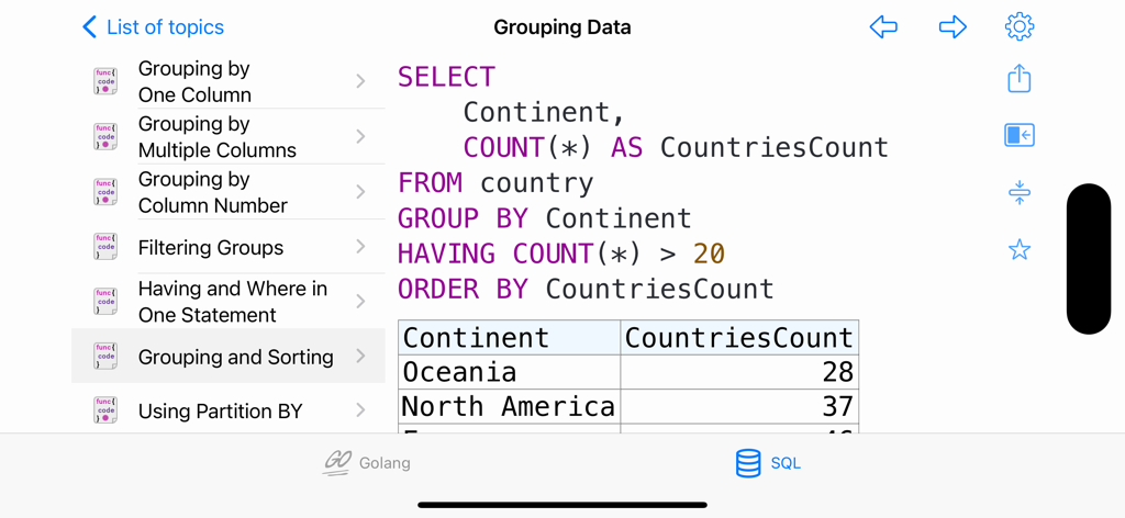 SQL code recipe for grouping and sorting data with query results in the Golang and SQL app interface