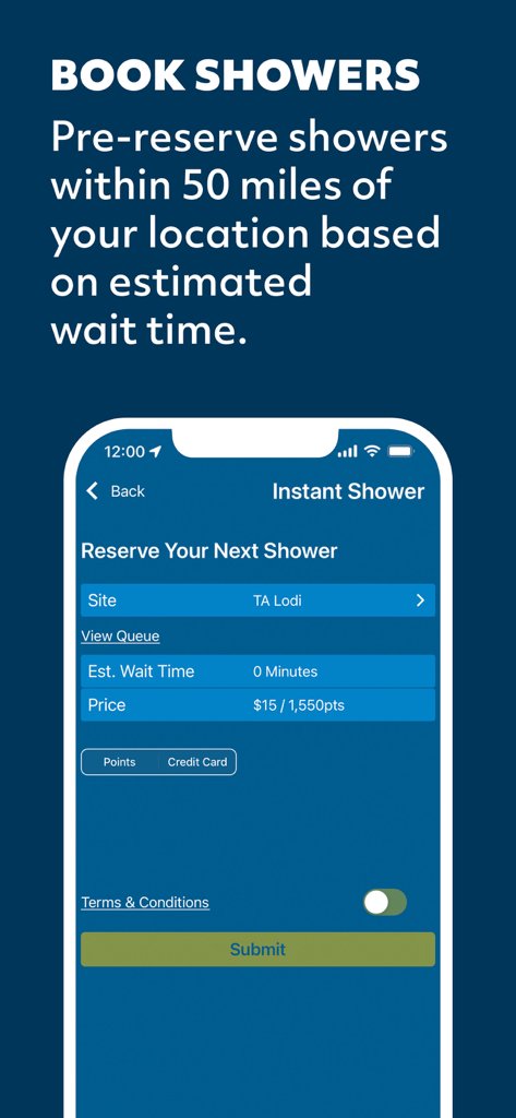 TruckSmart ™ - Screenshot of the TruckSmart app showing the instant shower reservation feature with estimated wait times and payment options