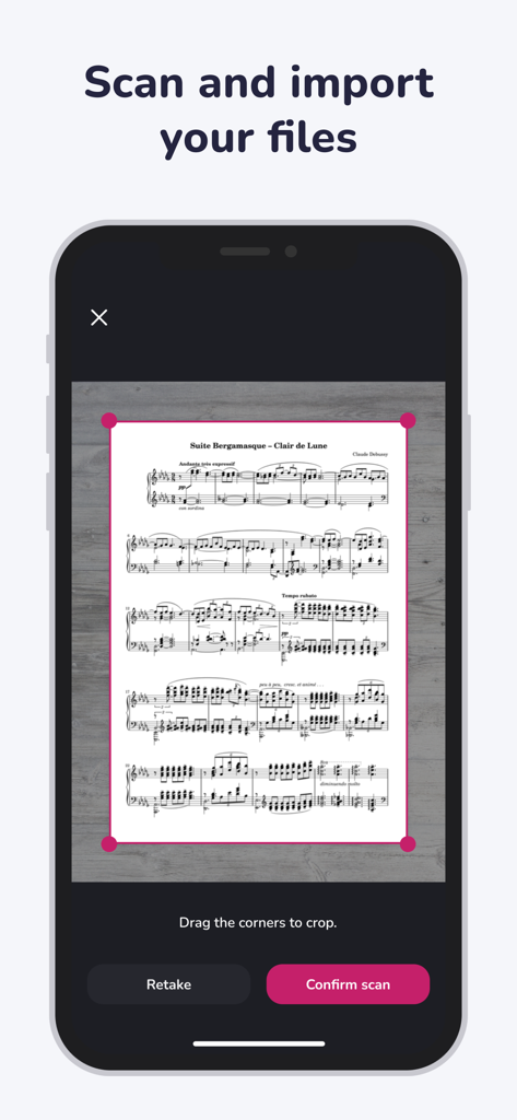 Maestro Amadeus - Sheet Music - Smartphone-Bildschirm zeigt die Scan- und Zuschneideoberfläche zum Importieren von Noten in die Maestro Amadeus App