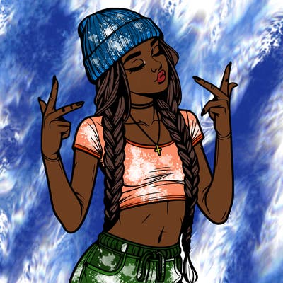 realistic teenage girl with braids and a beanie and crop top doing 🫶🏼