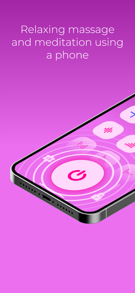 Massager: Strong Vibration! - An iPhone displaying the Massager app interface with a large pink power button and vibration patterns for relaxation