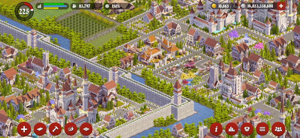 Designer City: Medieval Empire - A detailed aerial view of a vibrant medieval city featuring castles stone walls and a river in Designer City Medieval Empire