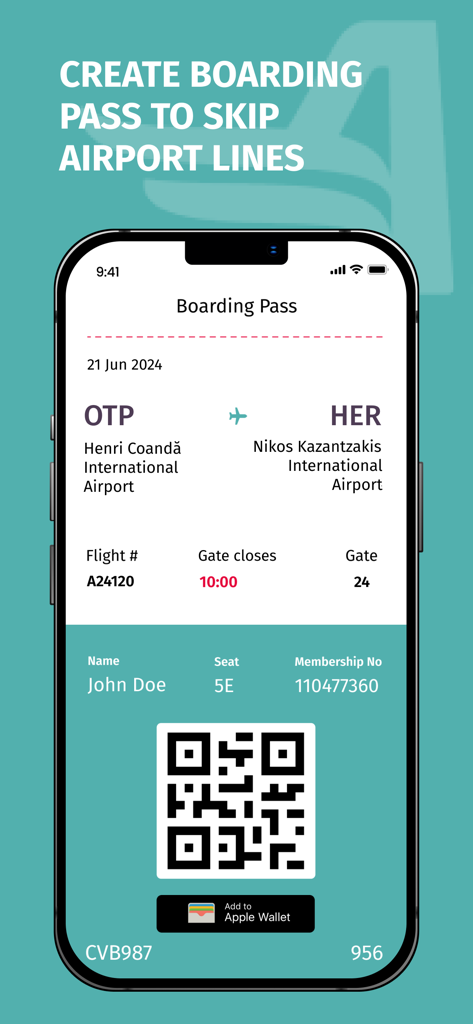 AnimaWings app screen showing a mobile boarding pass with a QR code and flight information for a trip to the Greek Islands.