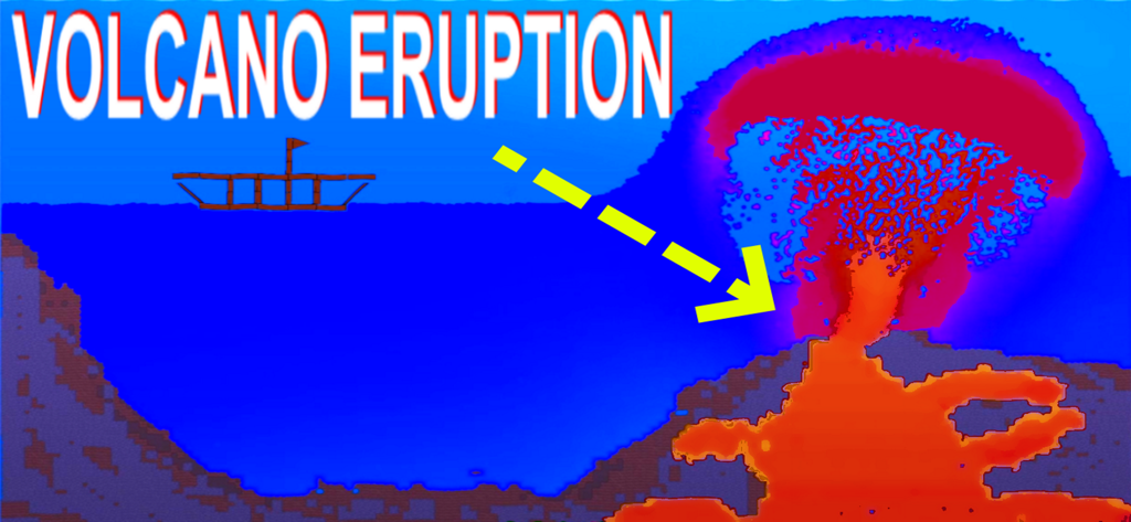 Water Physics Simulation - Pixelated volcano eruption and ship in a water physics sandbox simulation.